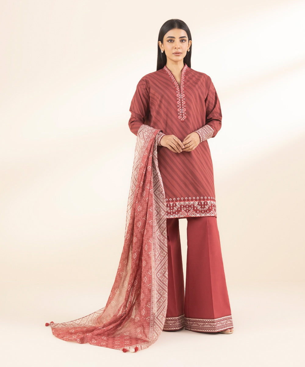 Unstitched Women's Embroidered Lawn Red 3 Piece Suit