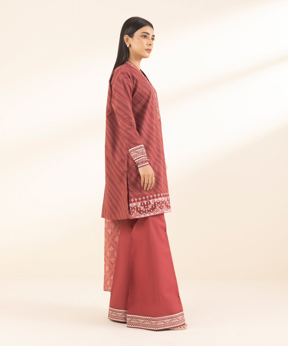 Unstitched Women's Embroidered Lawn Red 3 Piece Suit