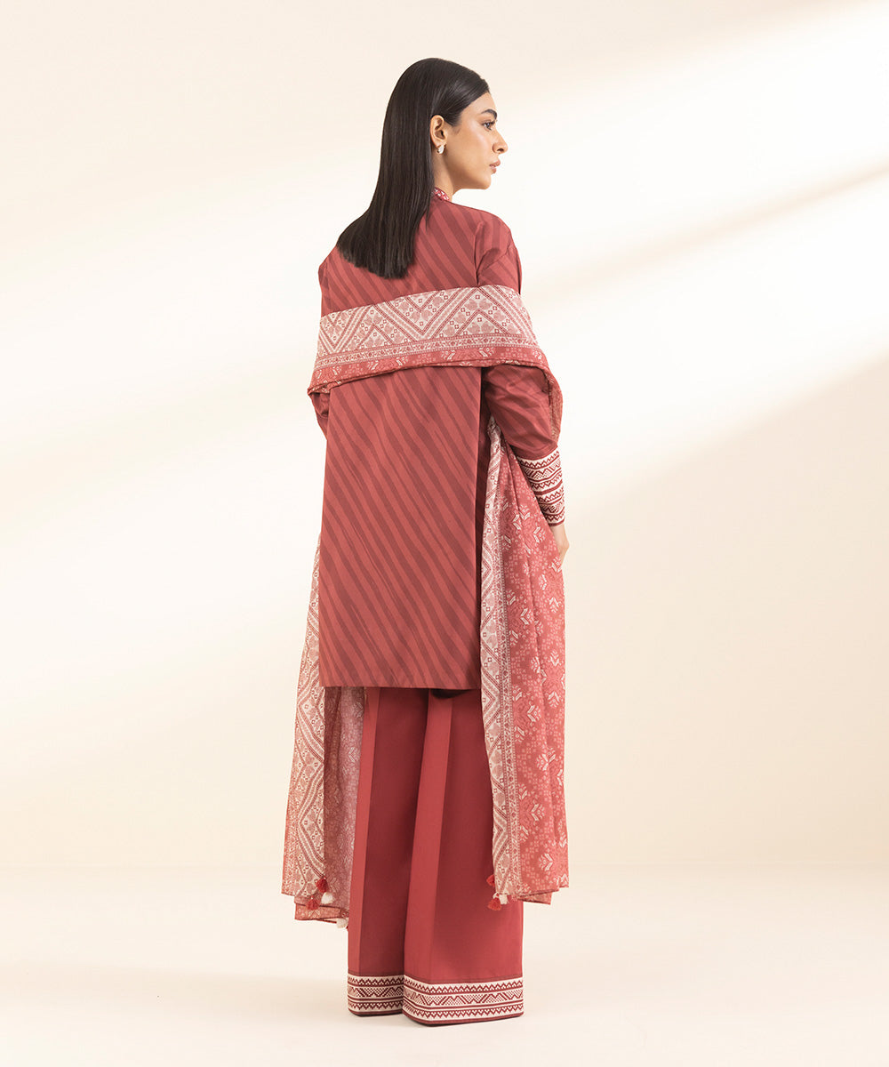 Unstitched Women's Embroidered Lawn Red 3 Piece Suit