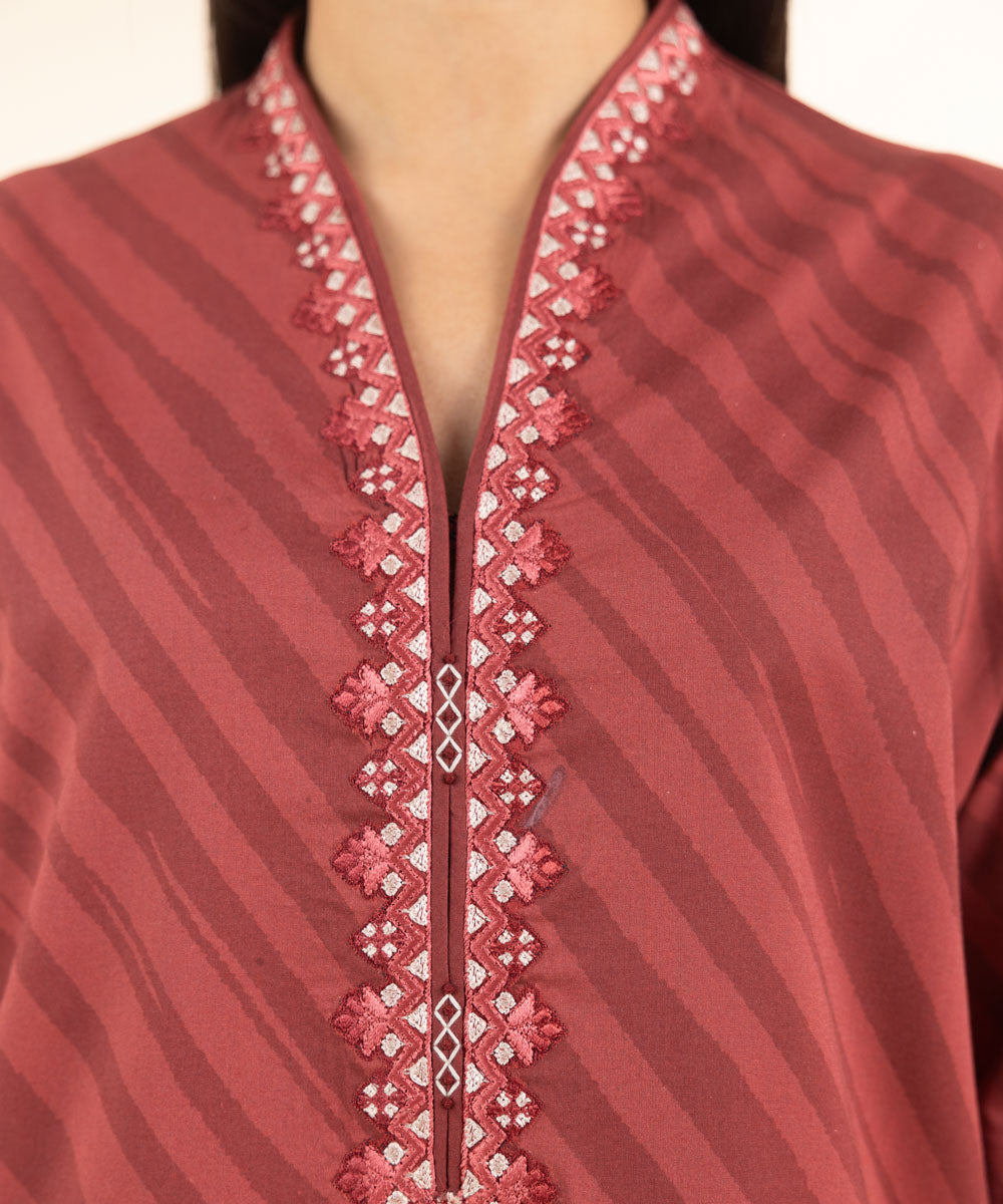 Unstitched Women's Embroidered Lawn Red 3 Piece Suit