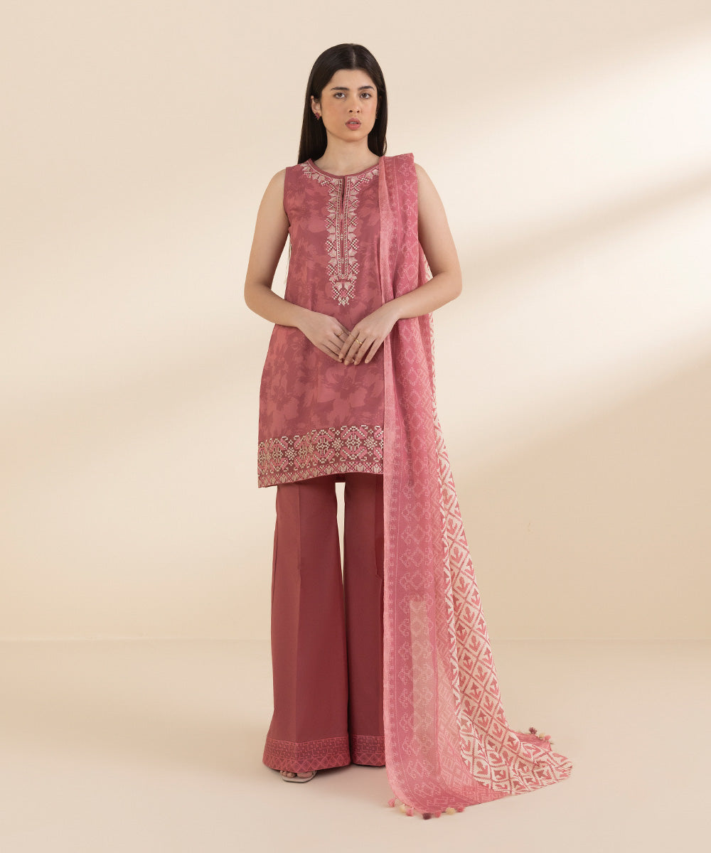 Unstitched Women's Embroidered Lawn Pink 3 Piece Suit
