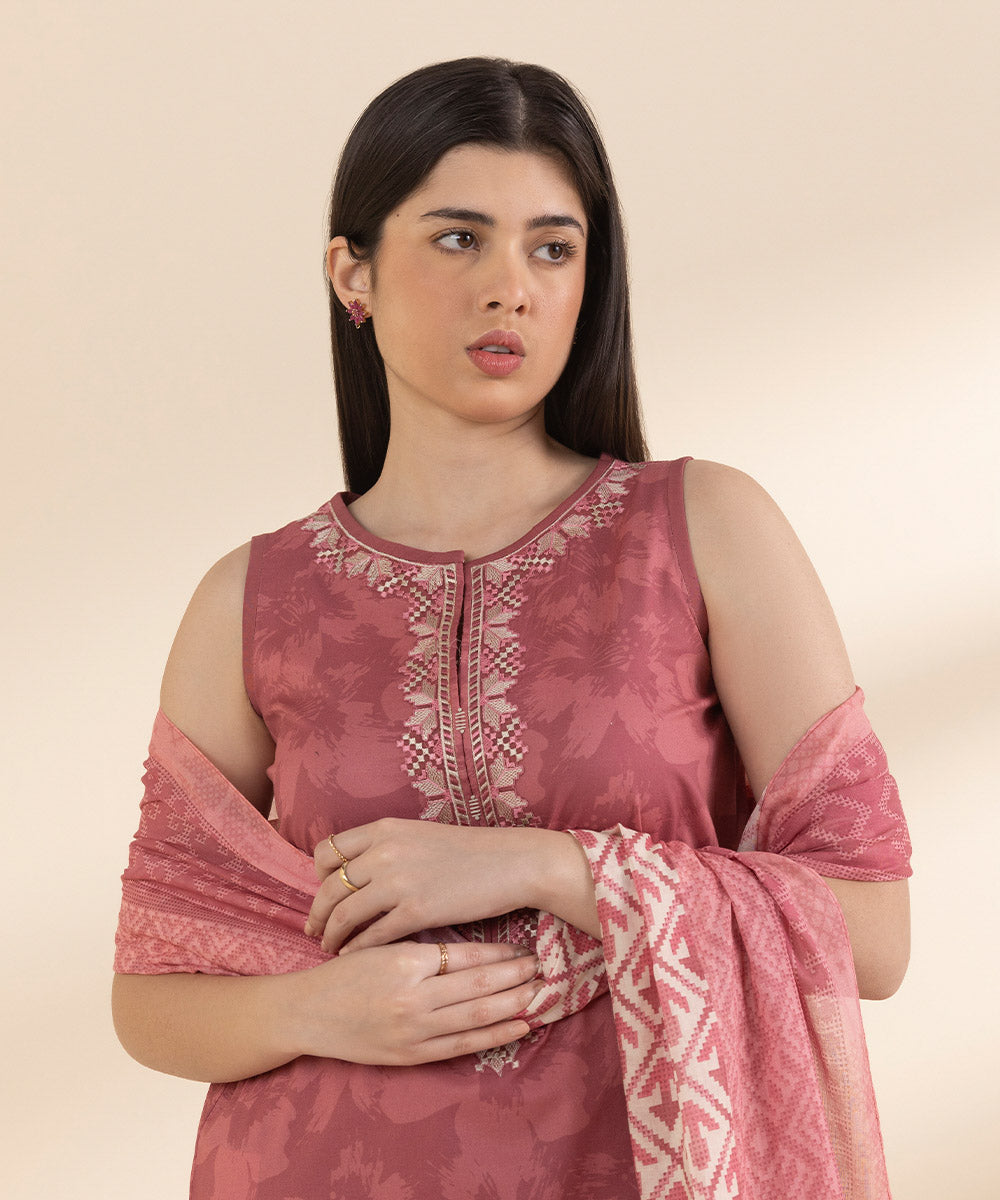 Unstitched Women's Embroidered Lawn Pink 3 Piece Suit