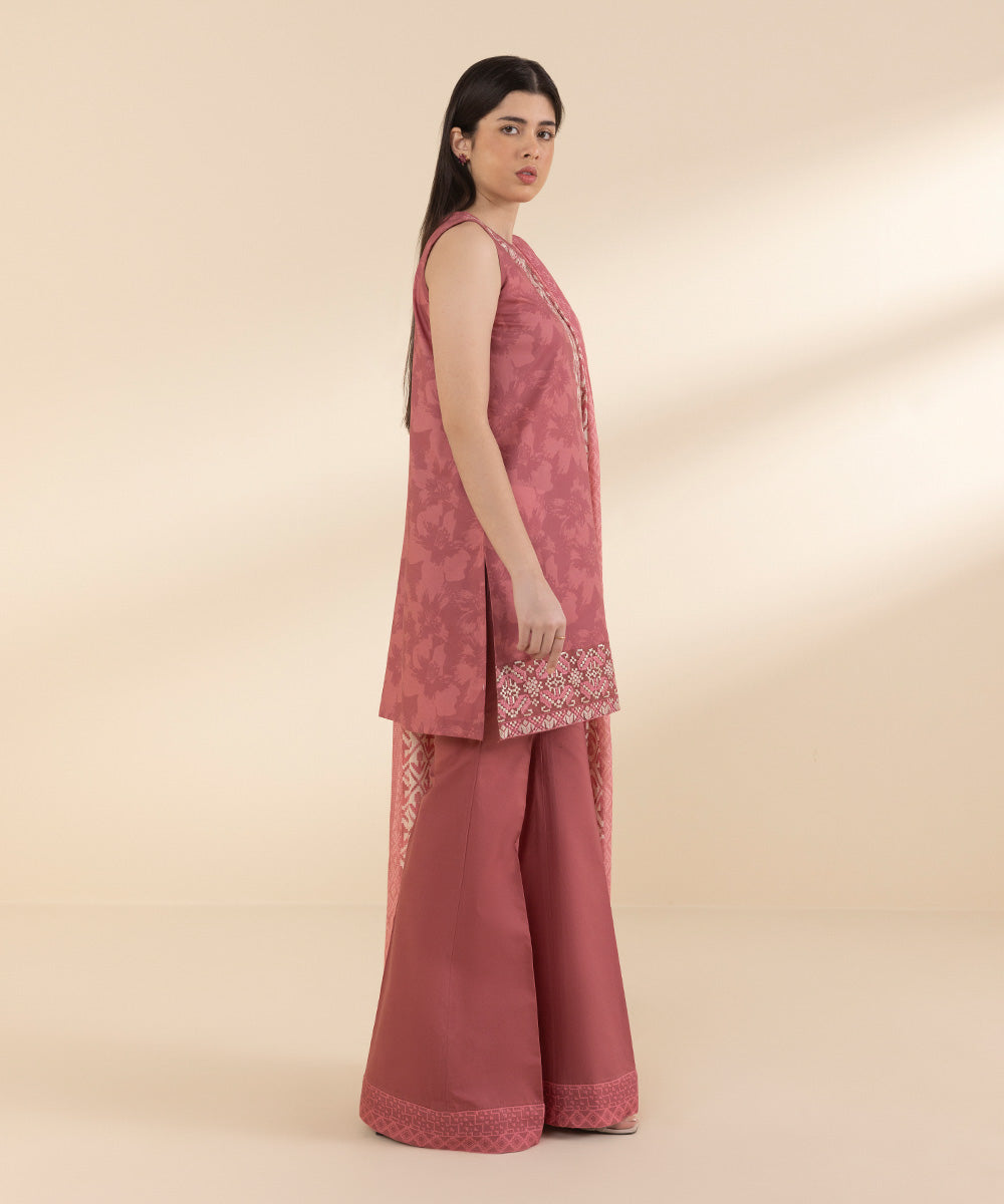 Unstitched Women's Embroidered Lawn Pink 3 Piece Suit