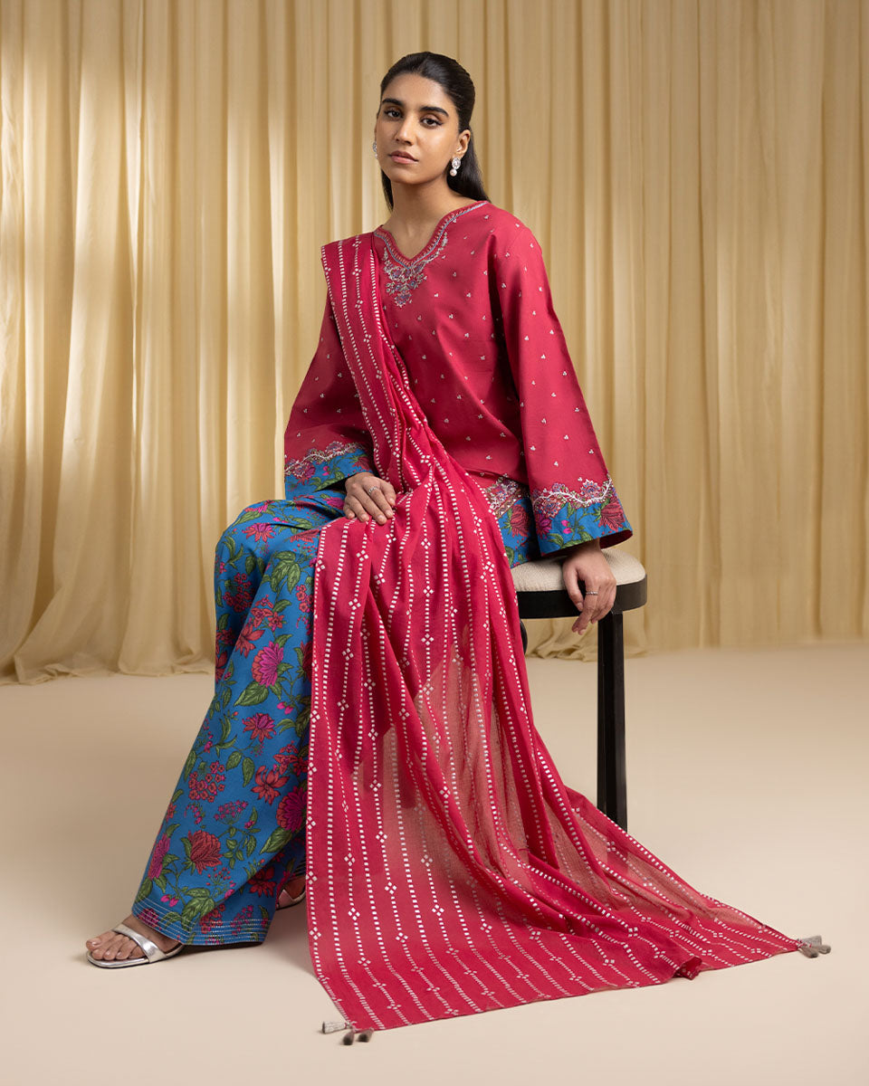 Unstitched Women's Red Textured Lawn 3 Piece Suit
