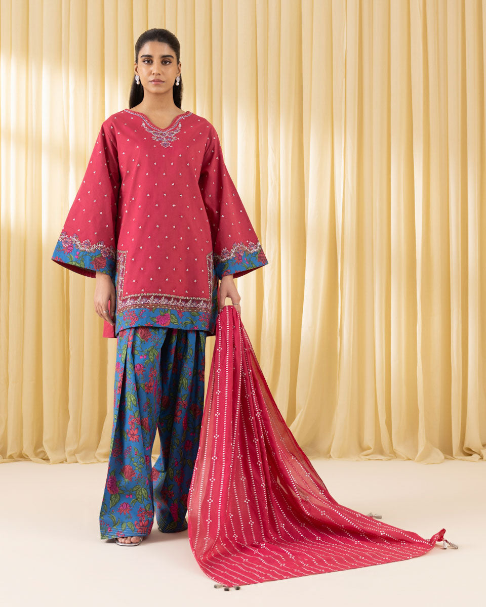 Unstitched Women's Red Textured Lawn 3 Piece Suit