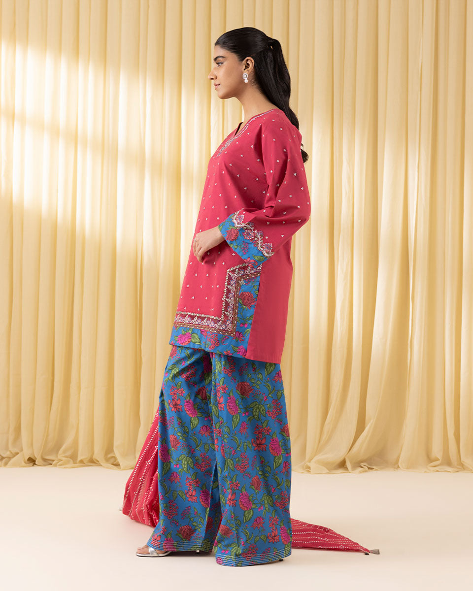 Unstitched Women's Red Textured Lawn 3 Piece Suit