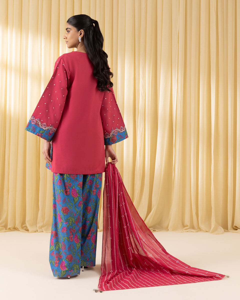 Unstitched Women's Red Textured Lawn 3 Piece Suit