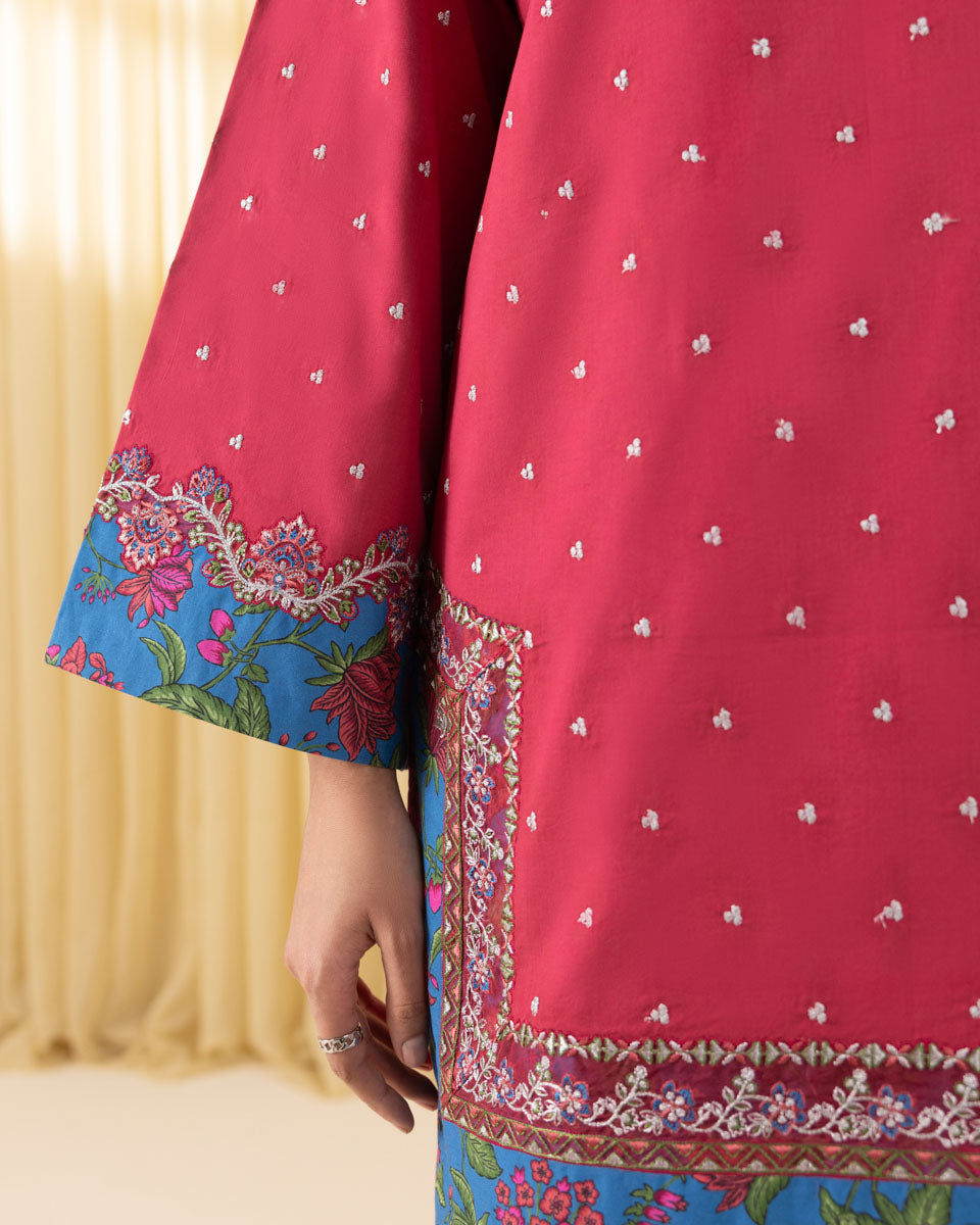 Unstitched Women's Red Textured Lawn 3 Piece Suit