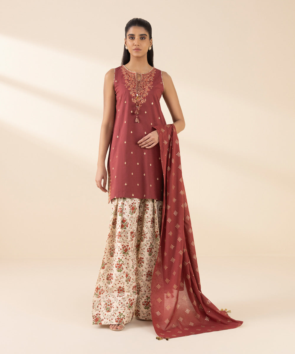 Unstitched Women's Red Textured Lawn 3 Piece Suit