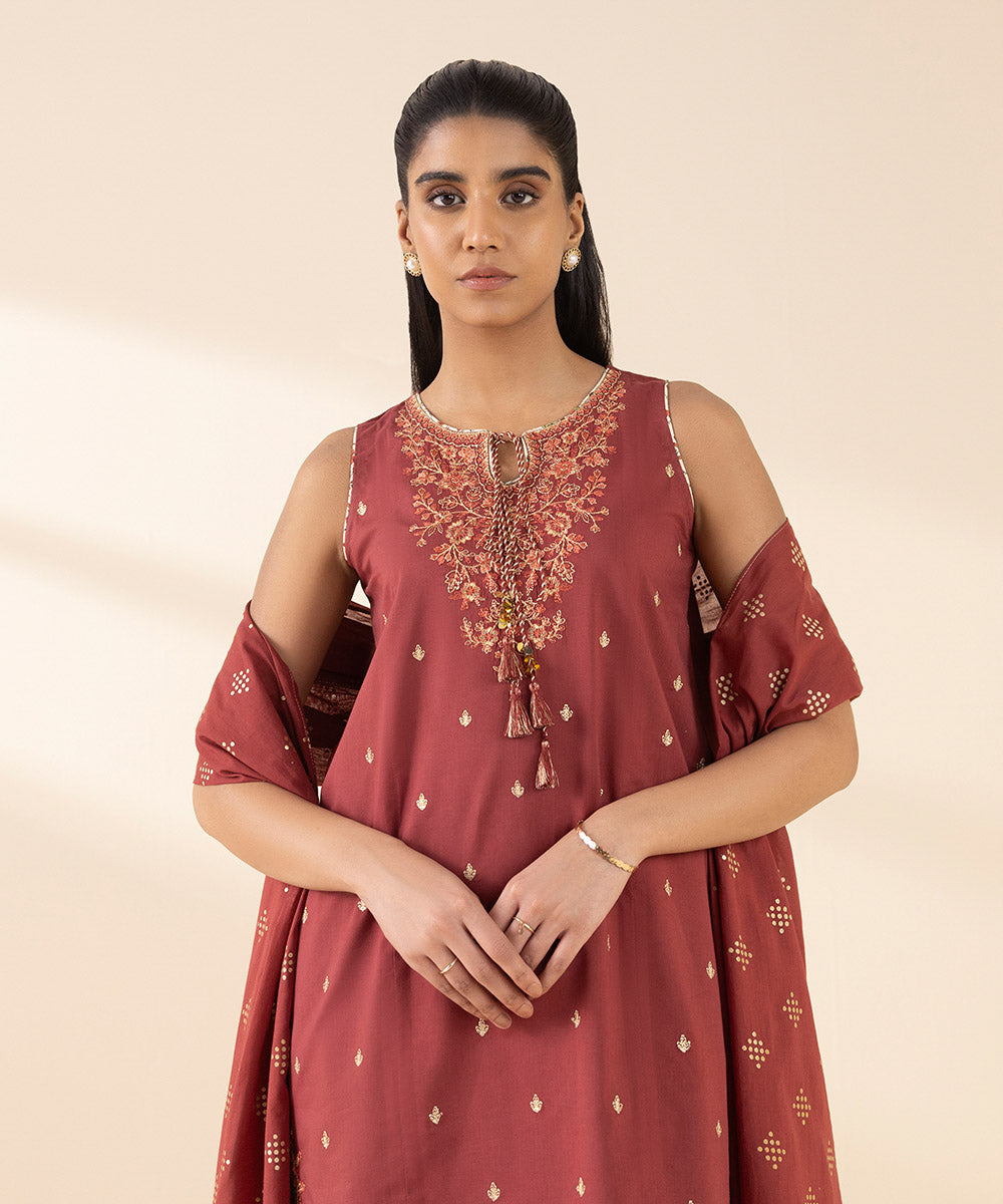 Unstitched Women's Red Textured Lawn 3 Piece Suit