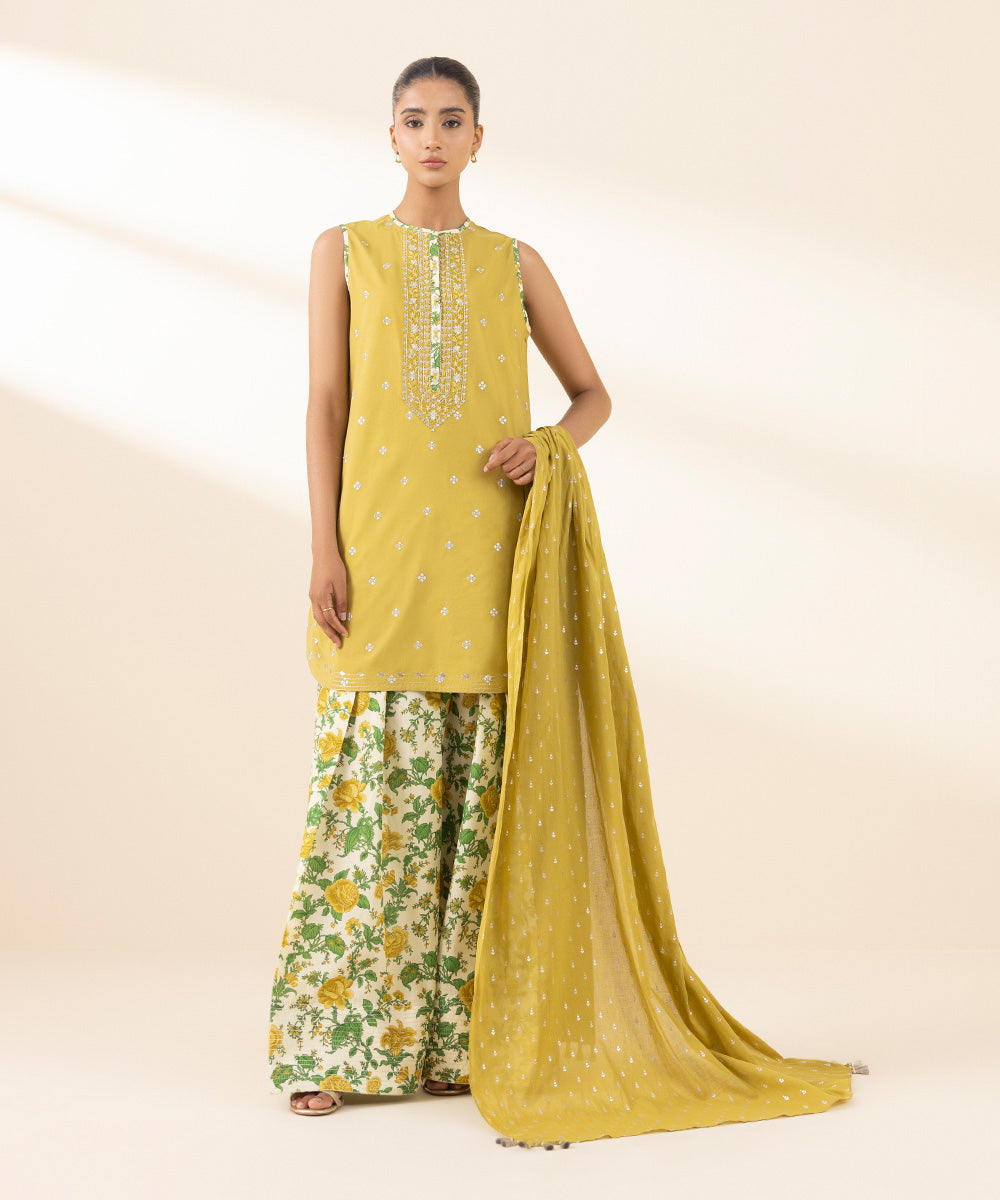 Women's Unstitched Textured Lawn Embroidered Yellow 3 Piece Suit