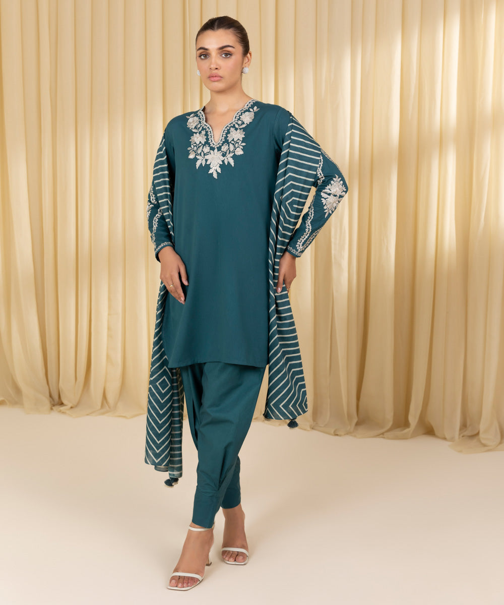 Women's Unstitched Textured Lawn Embroidered Green 3 Piece Suit
