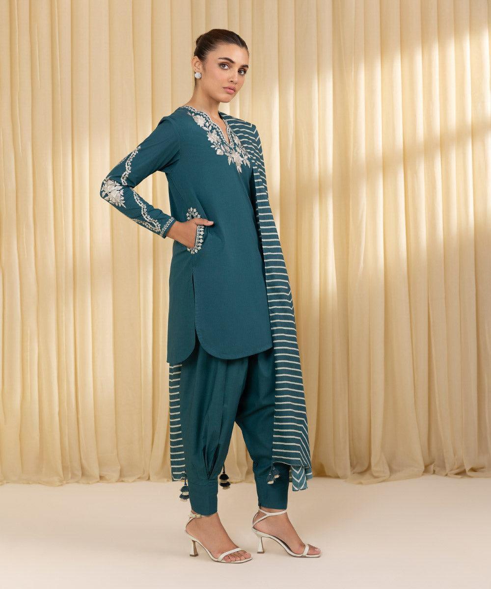 Women's Unstitched Textured Lawn Embroidered Green 3 Piece Suit