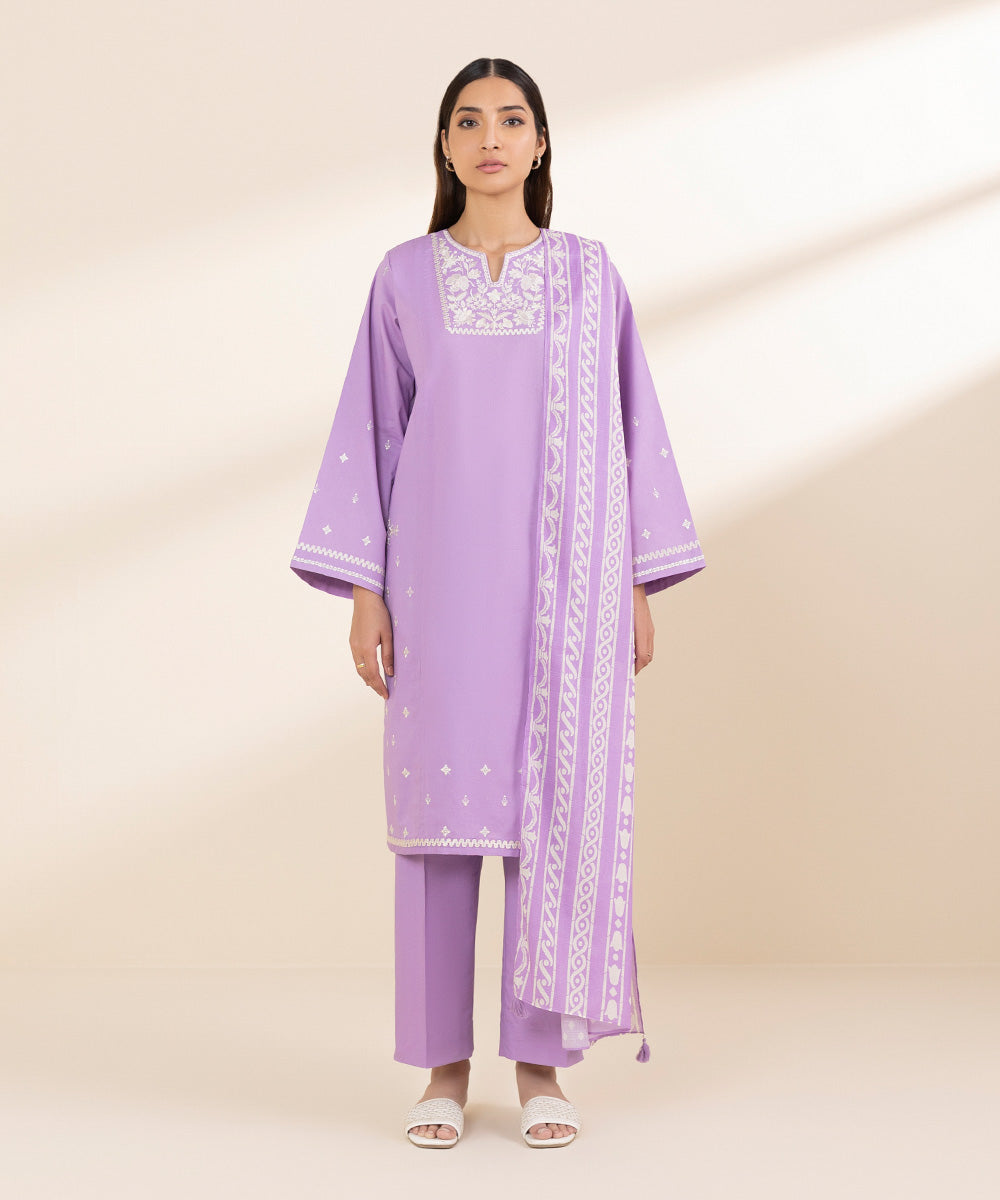 Unstitched Women's Purple Textured Lawn 3 Piece Suit
