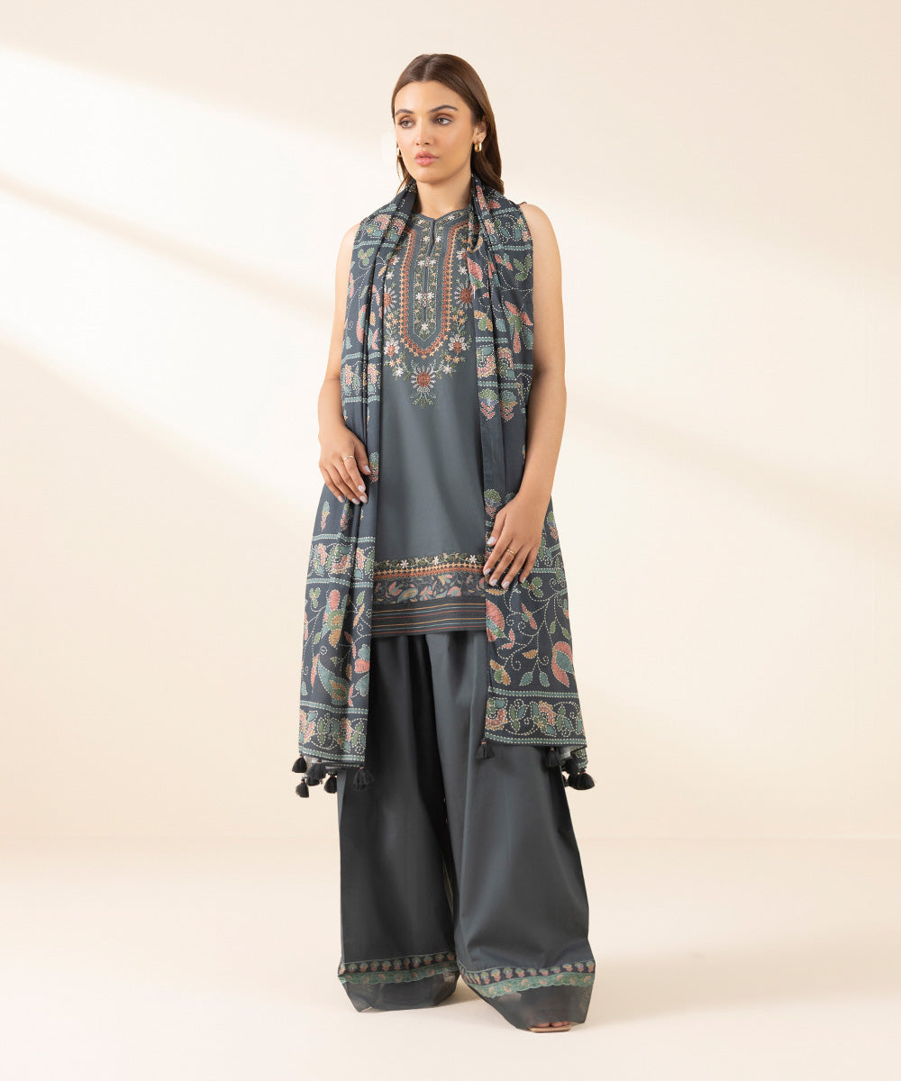 Women's Unstitched Textured Lawn Embroidered Grey 3 Piece Suit
