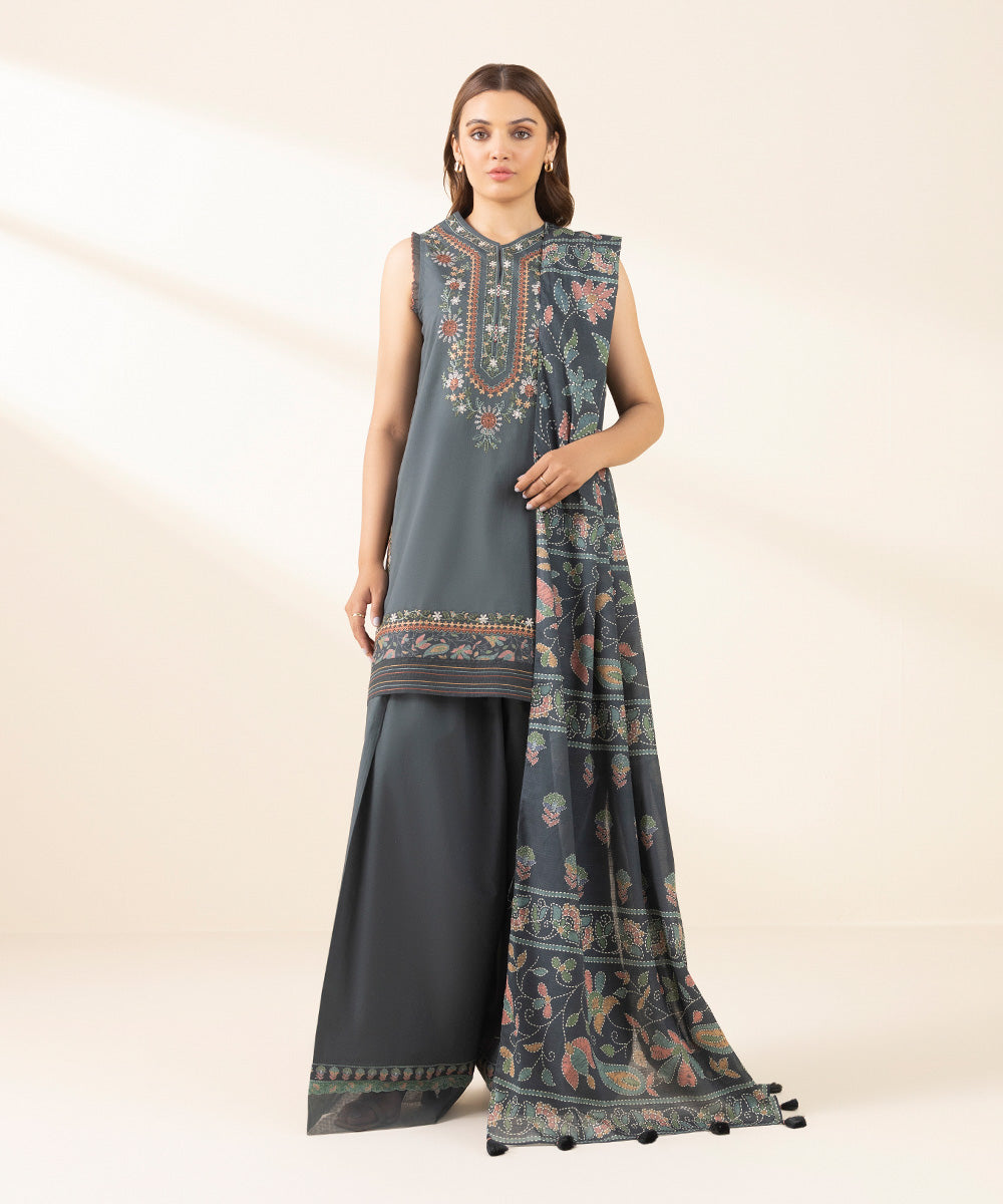Women's Unstitched Textured Lawn Embroidered Grey 3 Piece Suit