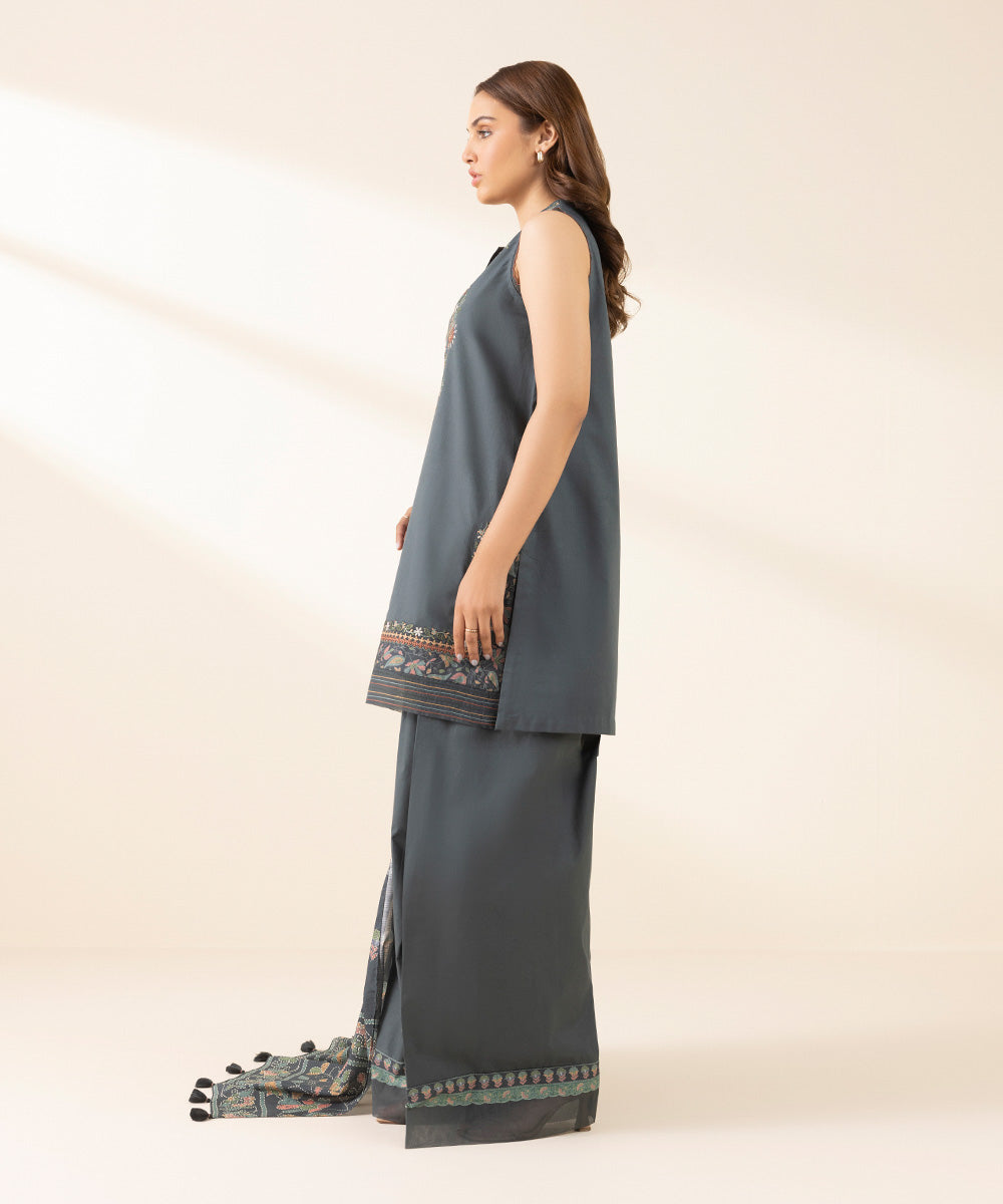 Women's Unstitched Textured Lawn Embroidered Grey 3 Piece Suit