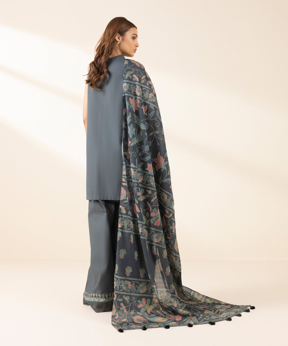 Women's Unstitched Textured Lawn Embroidered Grey 3 Piece Suit