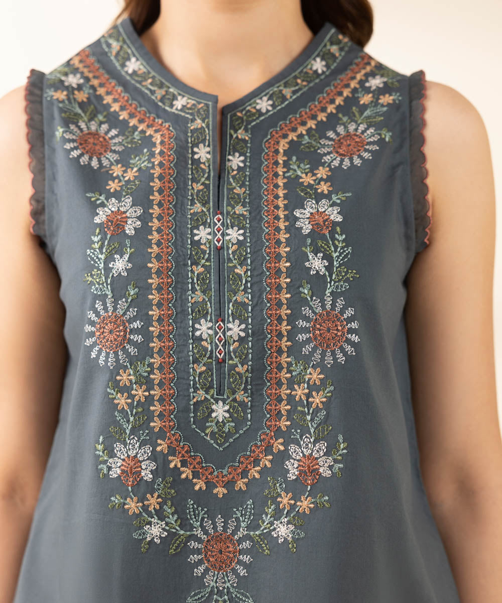 Women's Unstitched Textured Lawn Embroidered Grey 3 Piece Suit