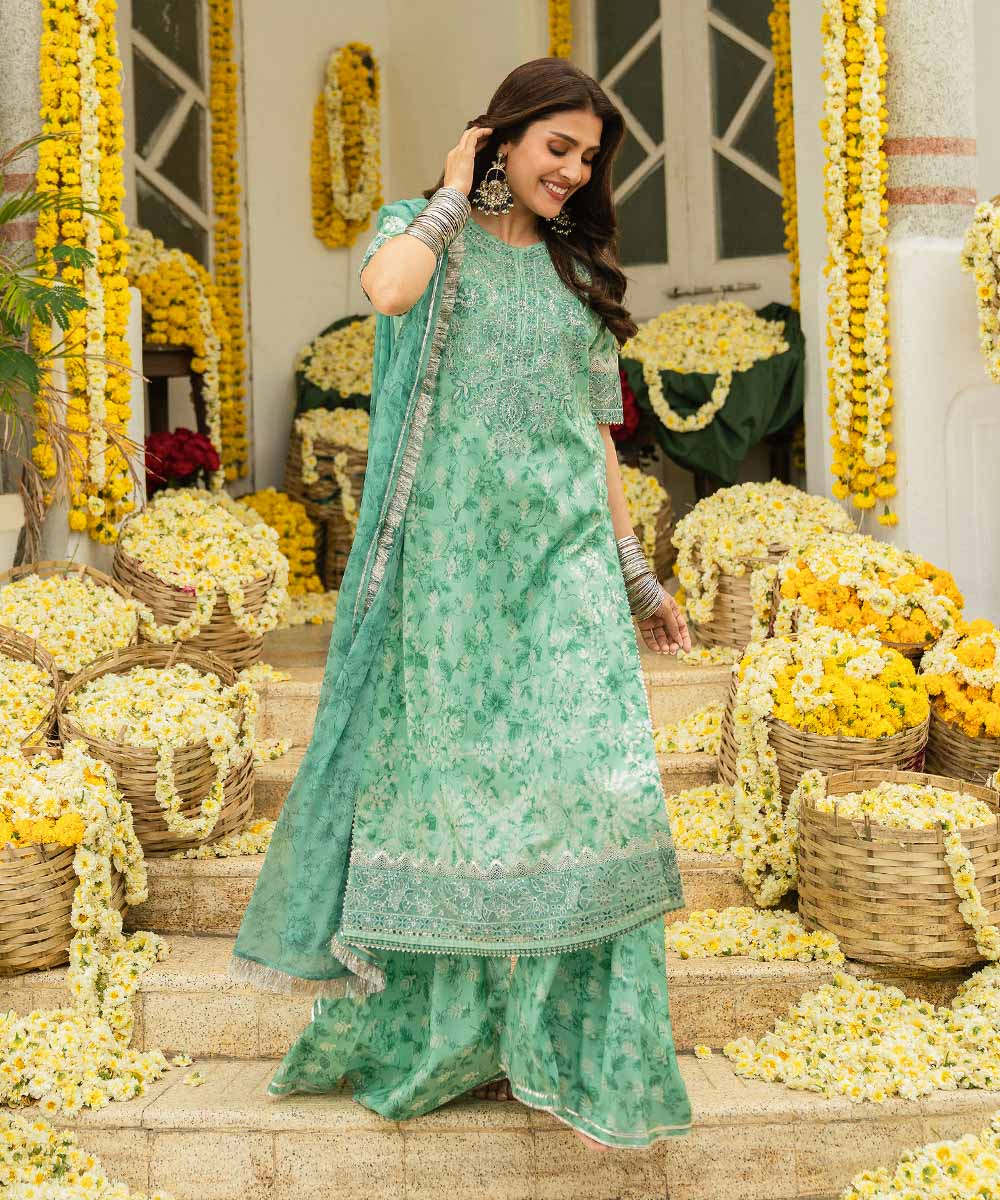 Unstitched Women's Green Lawn 3 Piece Suit