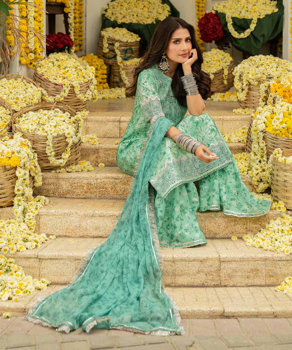 Unstitched Women's Green Lawn 3 Piece Suit