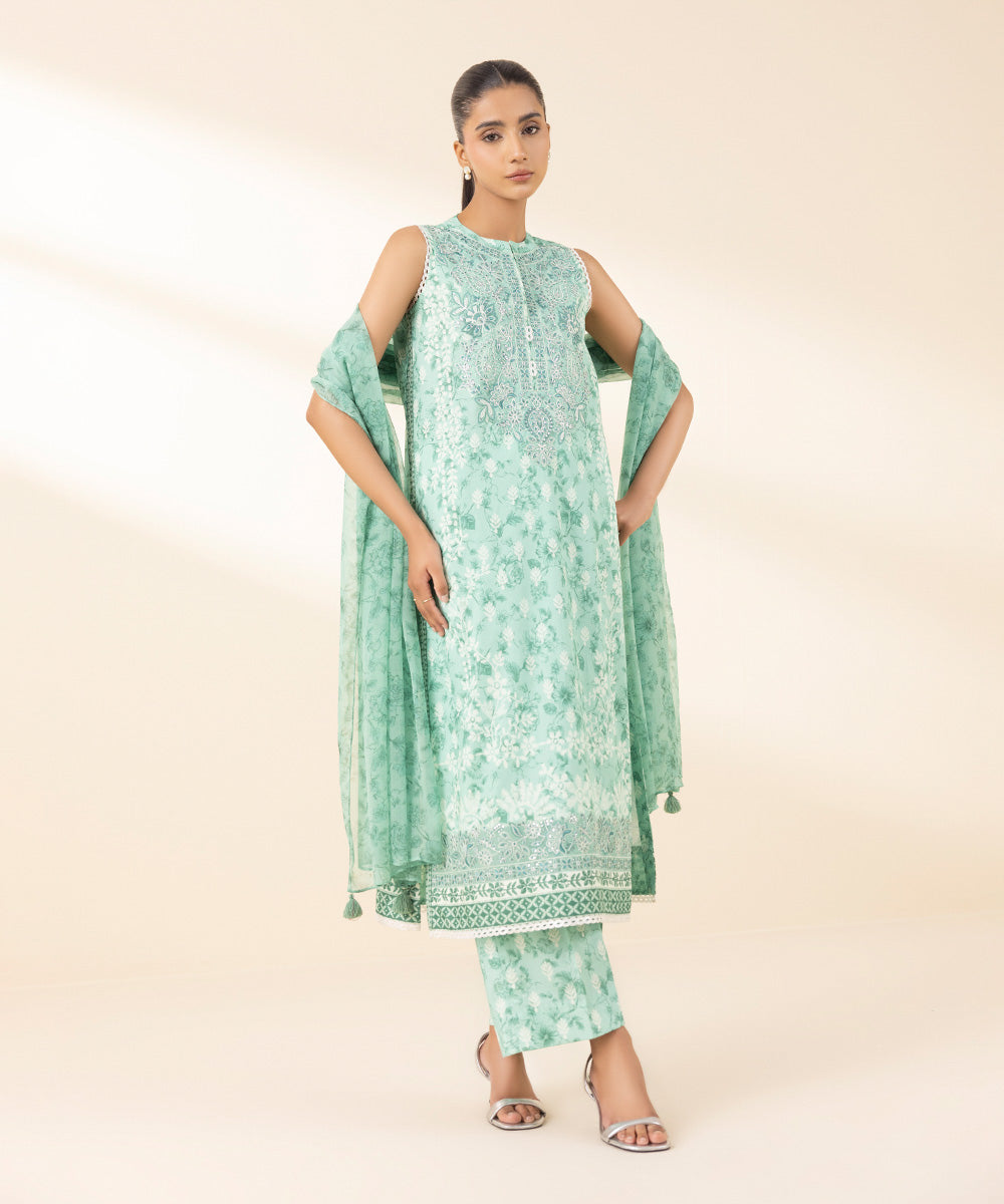 Unstitched Women's Green Lawn 3 Piece Suit