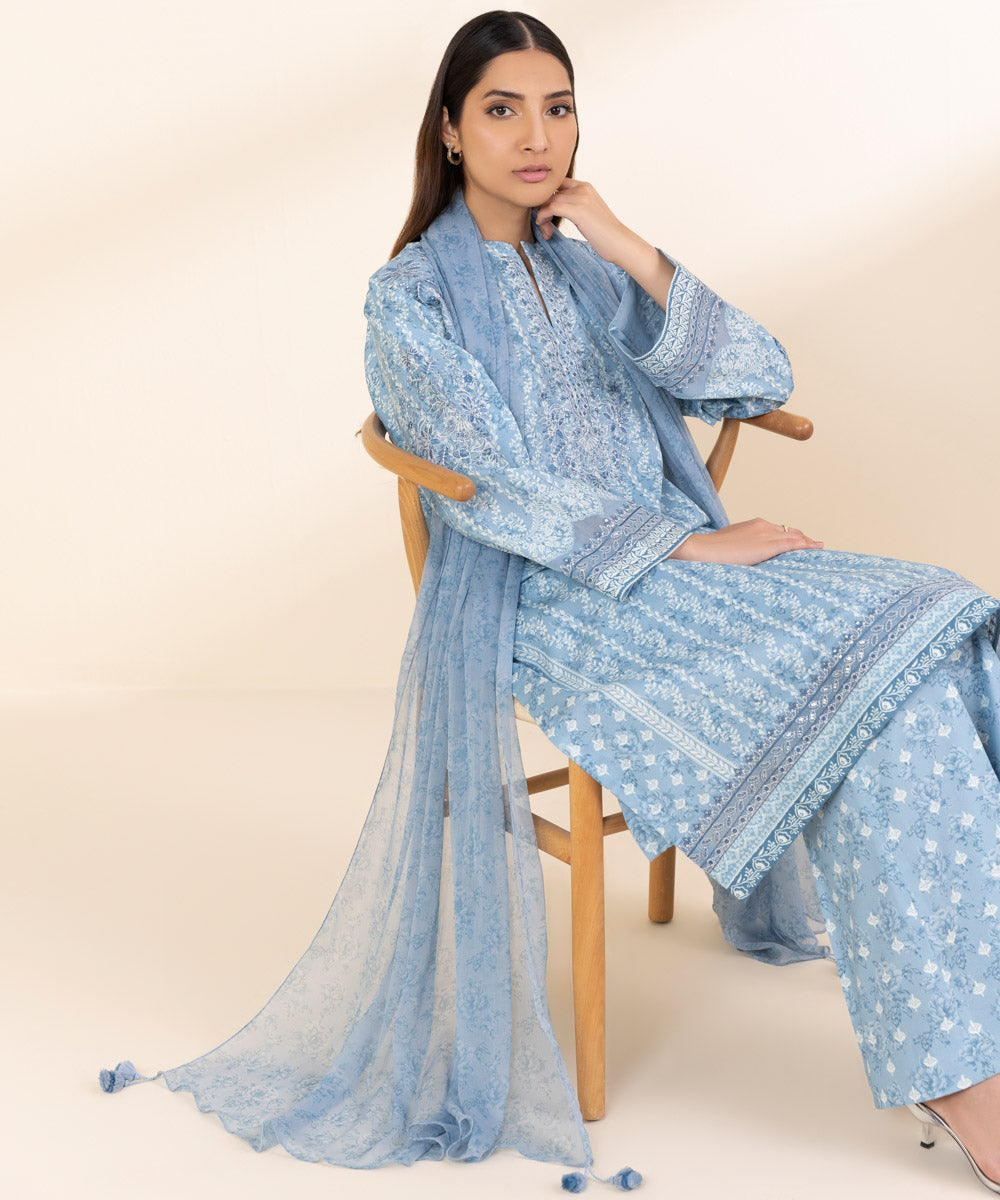 Unstitched Women's Blue Lawn 3 Piece Suit