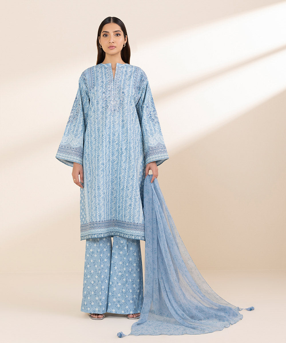 Unstitched Women's Blue Lawn 3 Piece Suit