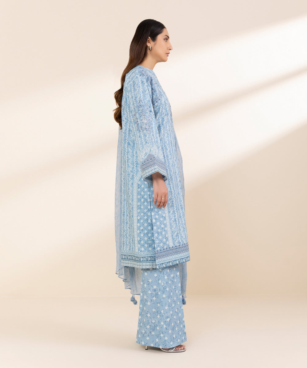 Unstitched Women's Blue Lawn 3 Piece Suit