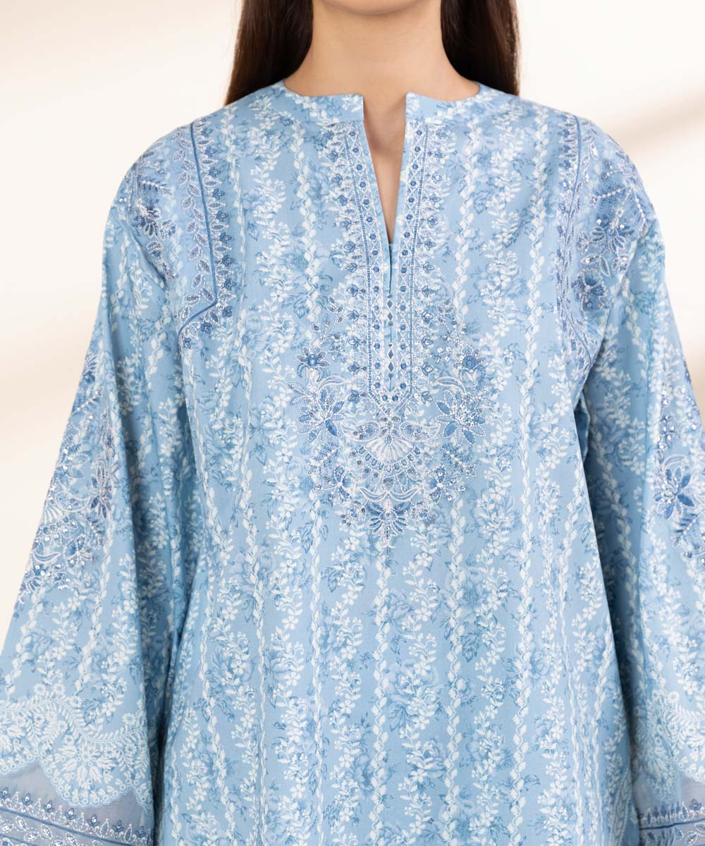 Unstitched Women's Blue Lawn 3 Piece Suit