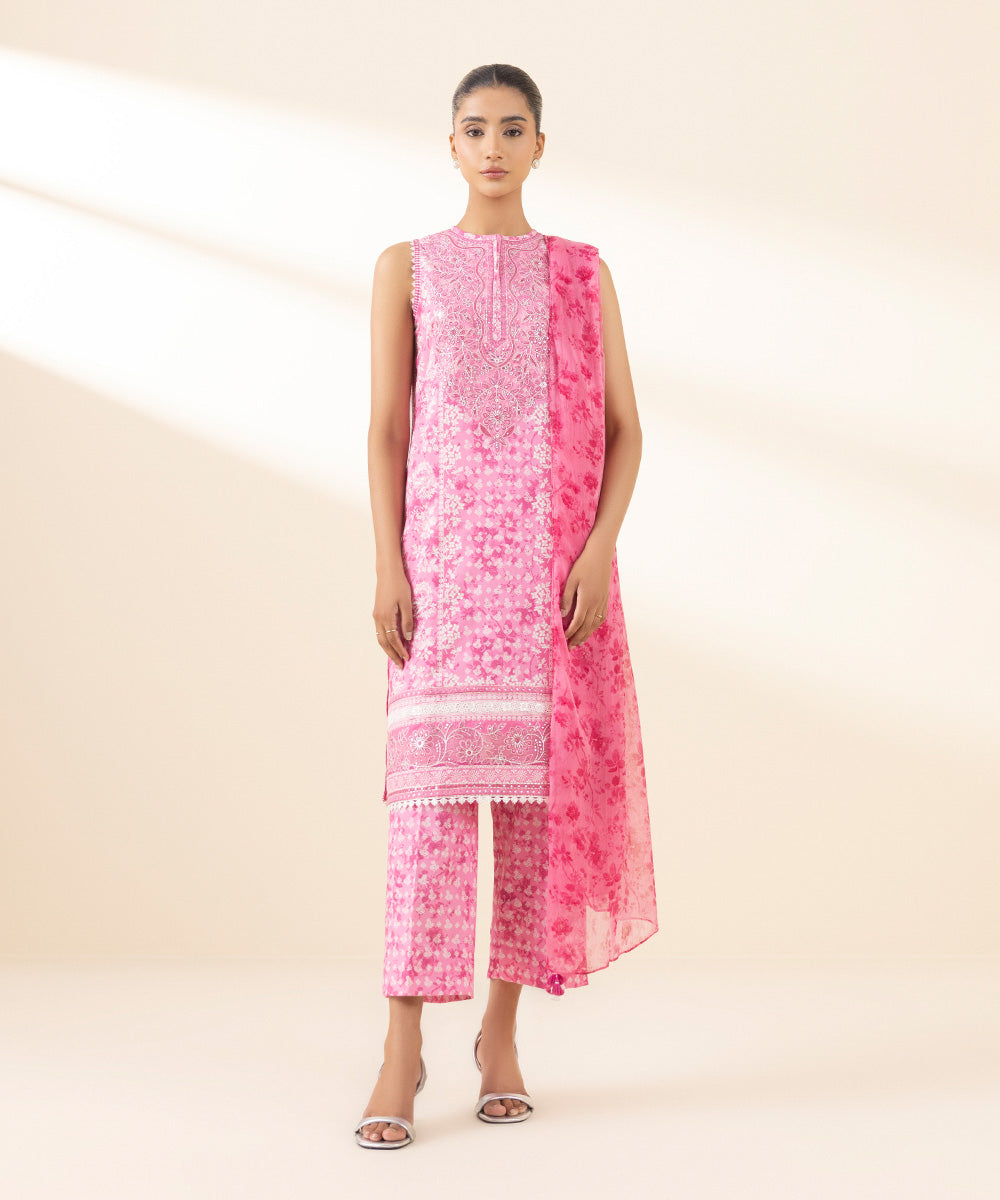 Unstitched Women's Pink Lawn Embroidered 3 Piece Suit 