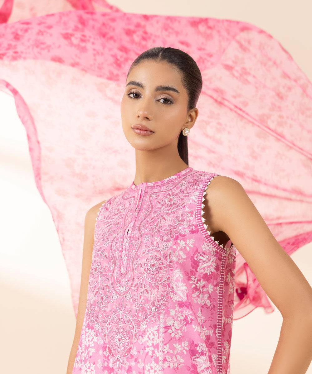 Unstitched Women's Pink Lawn Embroidered 3 Piece Suit 