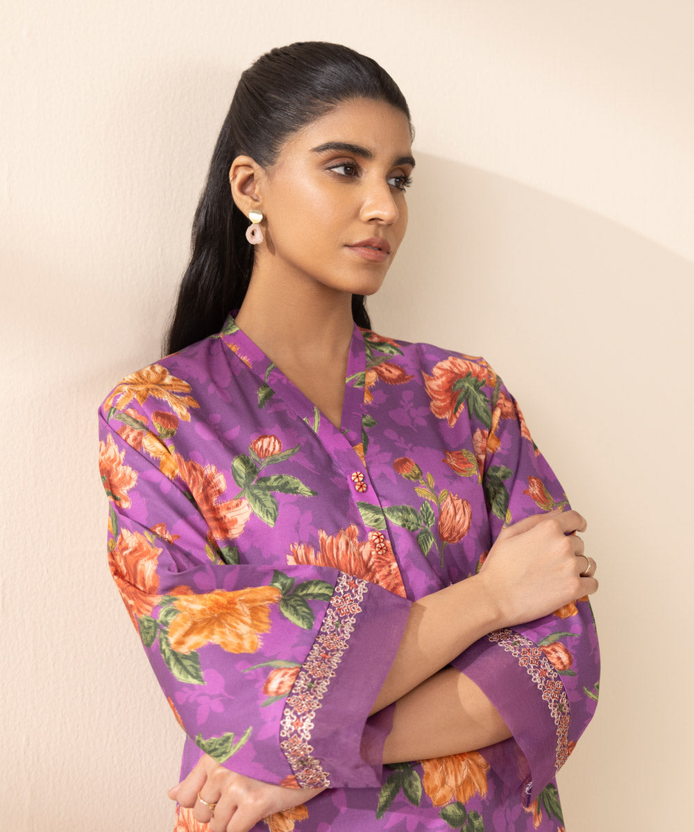 Unstitched Women's Purple Lawn Embroidered Shirt Trousers