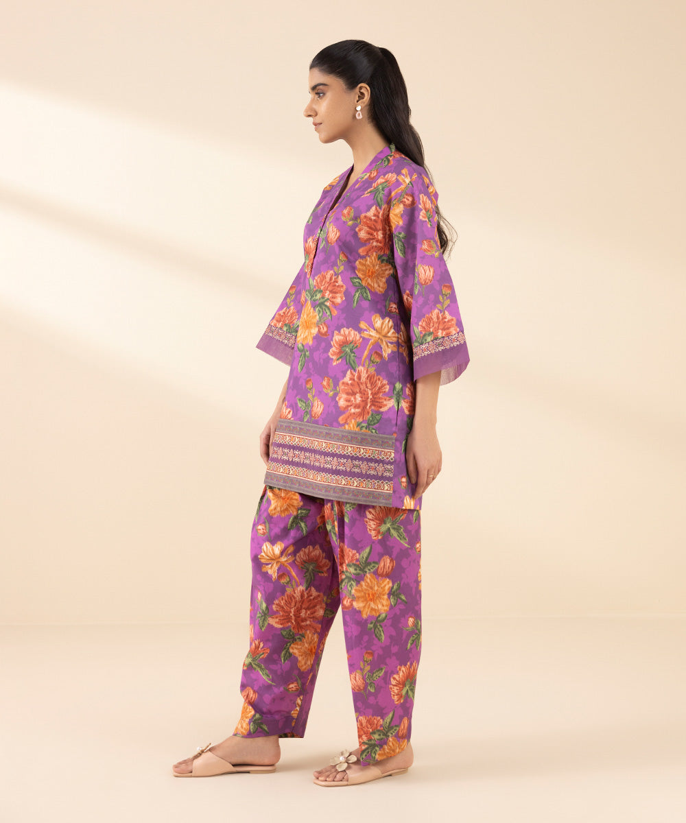 Unstitched Women's Purple Lawn Embroidered Shirt Trousers