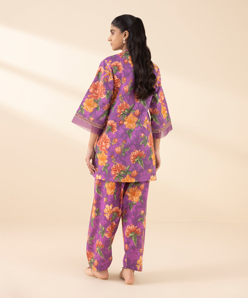 Unstitched Women's Purple Lawn Embroidered Shirt Trousers