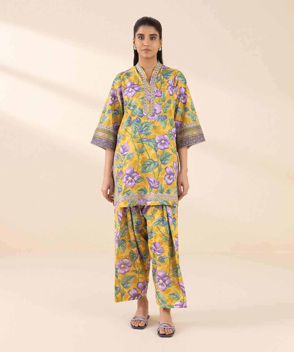 Unstitched Women's Yellow Lawn Embroidered Shirt Trousers