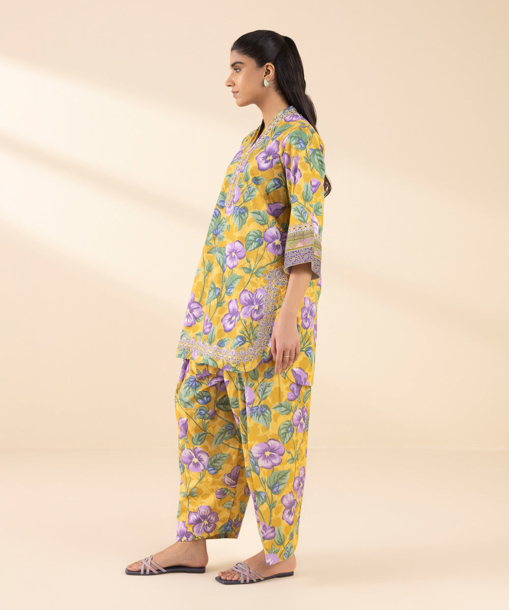 Unstitched Women's Yellow Lawn Embroidered Shirt Trousers