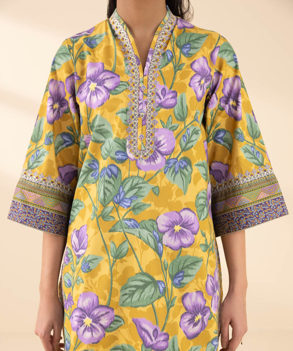 Unstitched Women's Yellow Lawn Embroidered Shirt Trousers