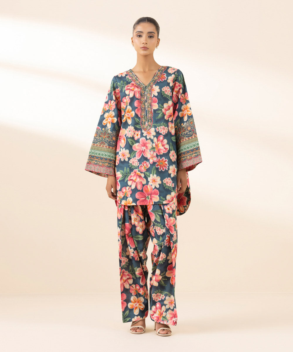 Unstitched Women's Blue Lawn Embroidered Shirt Trousers
