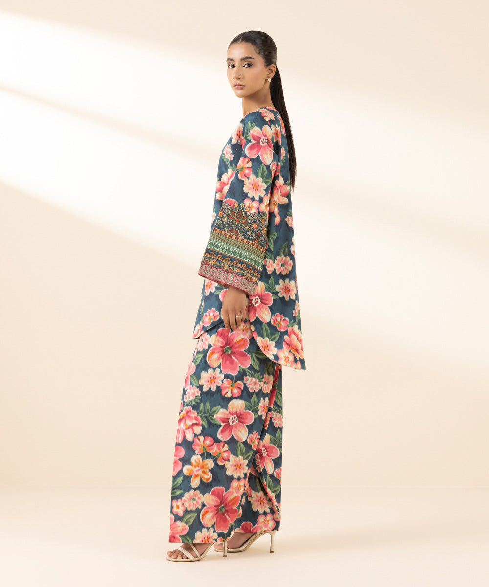 Unstitched Women's Blue Lawn Embroidered Shirt Trousers