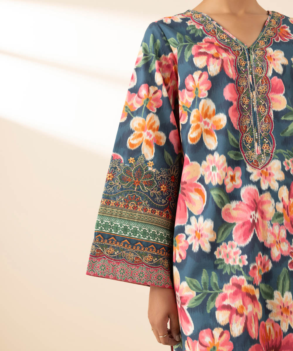 Unstitched Women's Blue Lawn Embroidered Shirt Trousers