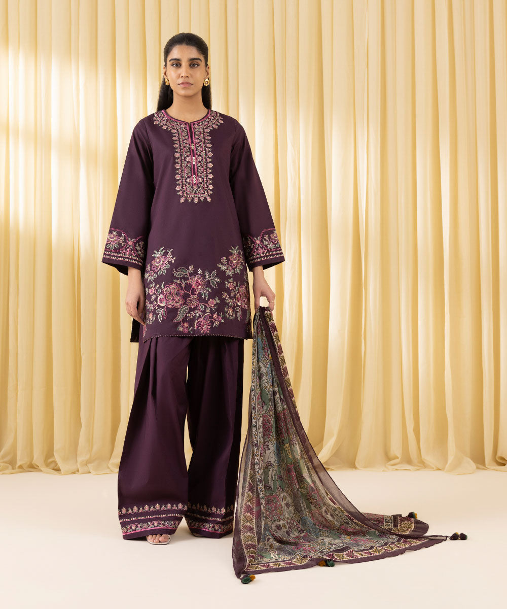 Unstitched Women's Purple Textured Lawn 3 Piece Suit