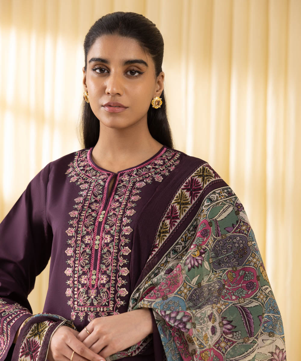 Unstitched Women's Purple Textured Lawn 3 Piece Suit