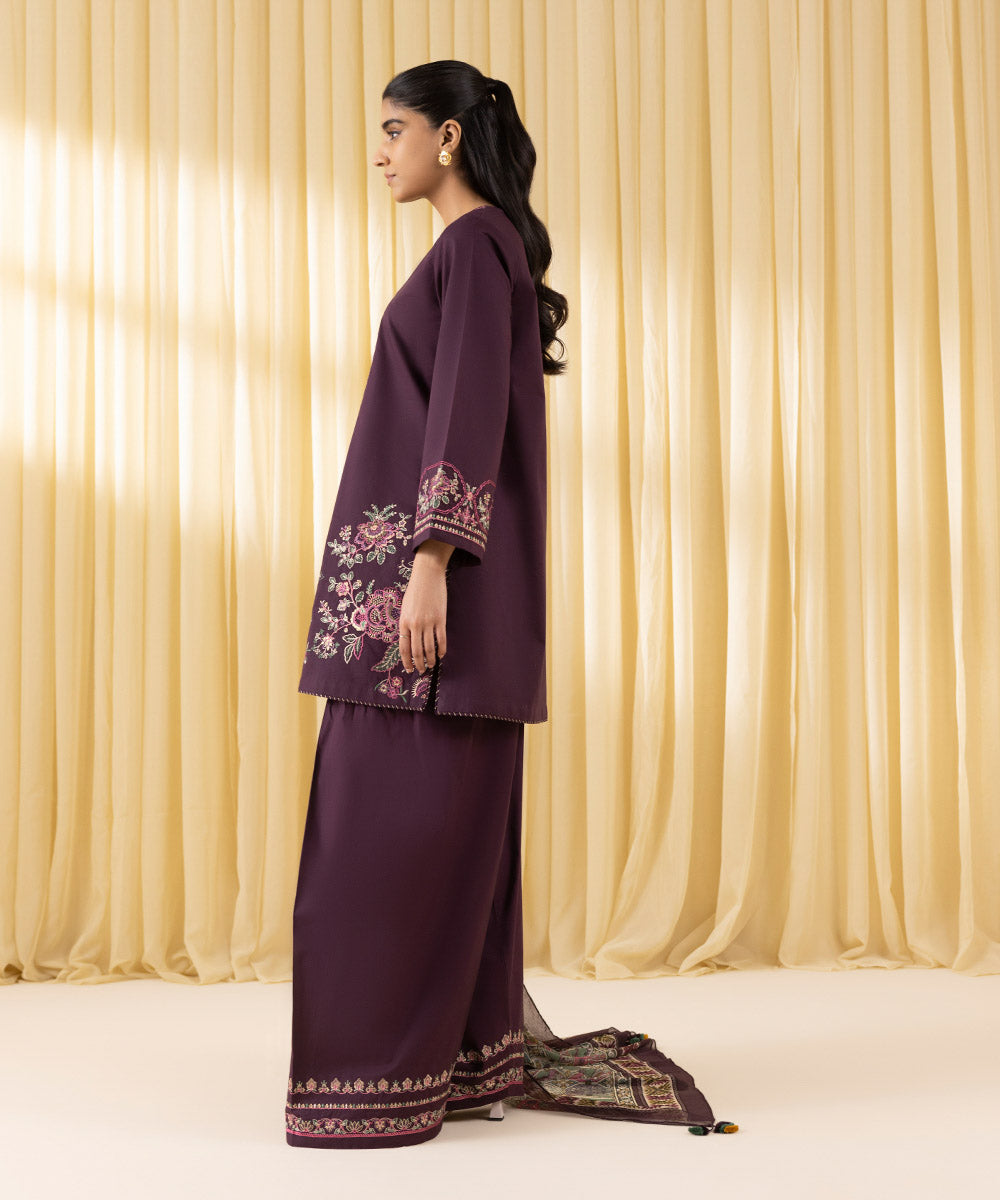 Unstitched Women's Purple Textured Lawn 3 Piece Suit