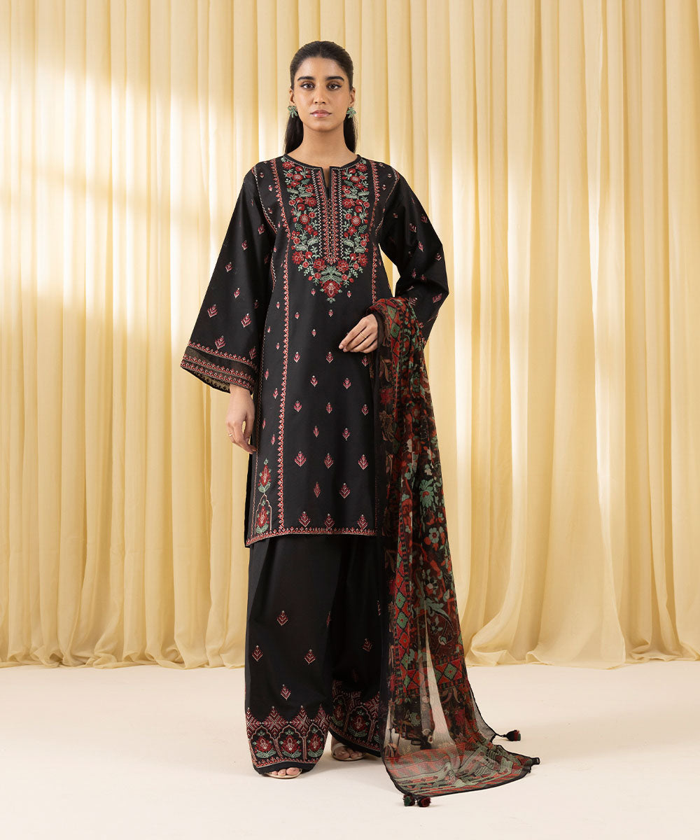 Unstitched Women's Black Textured Lawn 3 Piece Suit