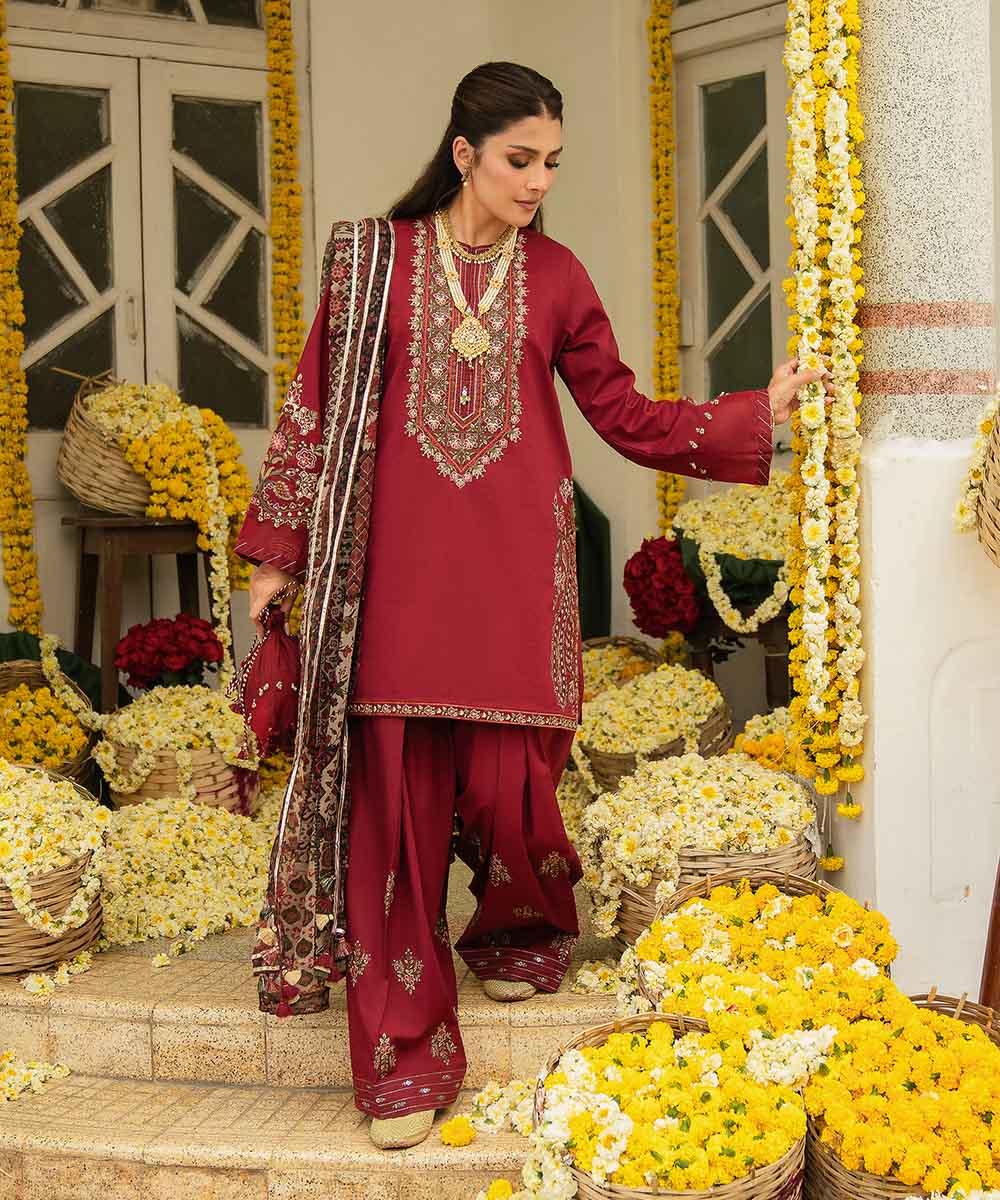 Unstitched Women's Red Textured Lawn 3 Piece Suit