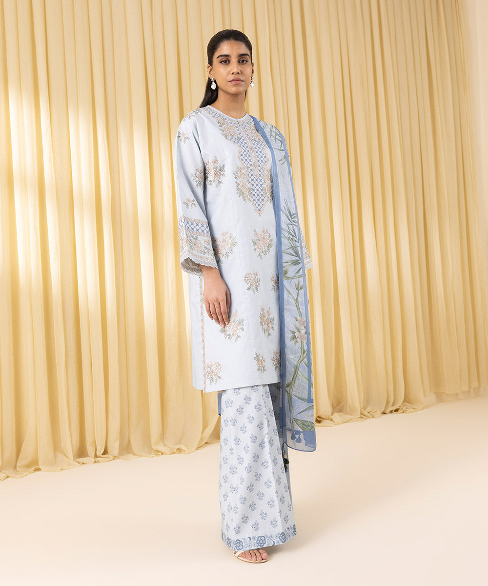 Unstitched Women's Blue Textured Lawn 3 Piece Suit