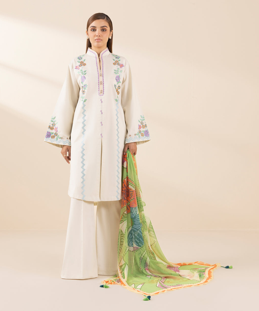Women's Unstitched Lawn Embroidered Off White 3 Piece Suit