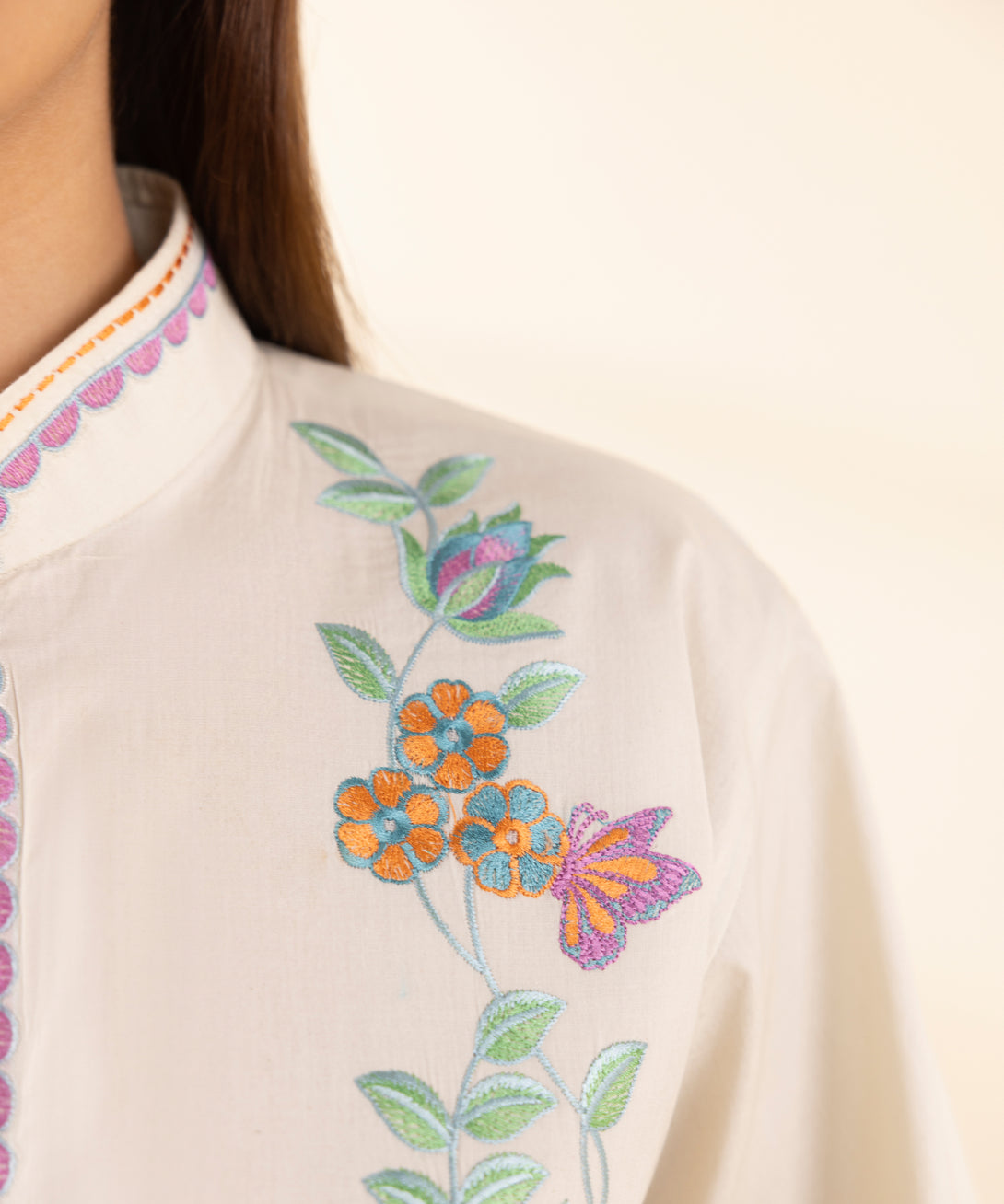 Women's Unstitched Lawn Embroidered Off White 3 Piece Suit