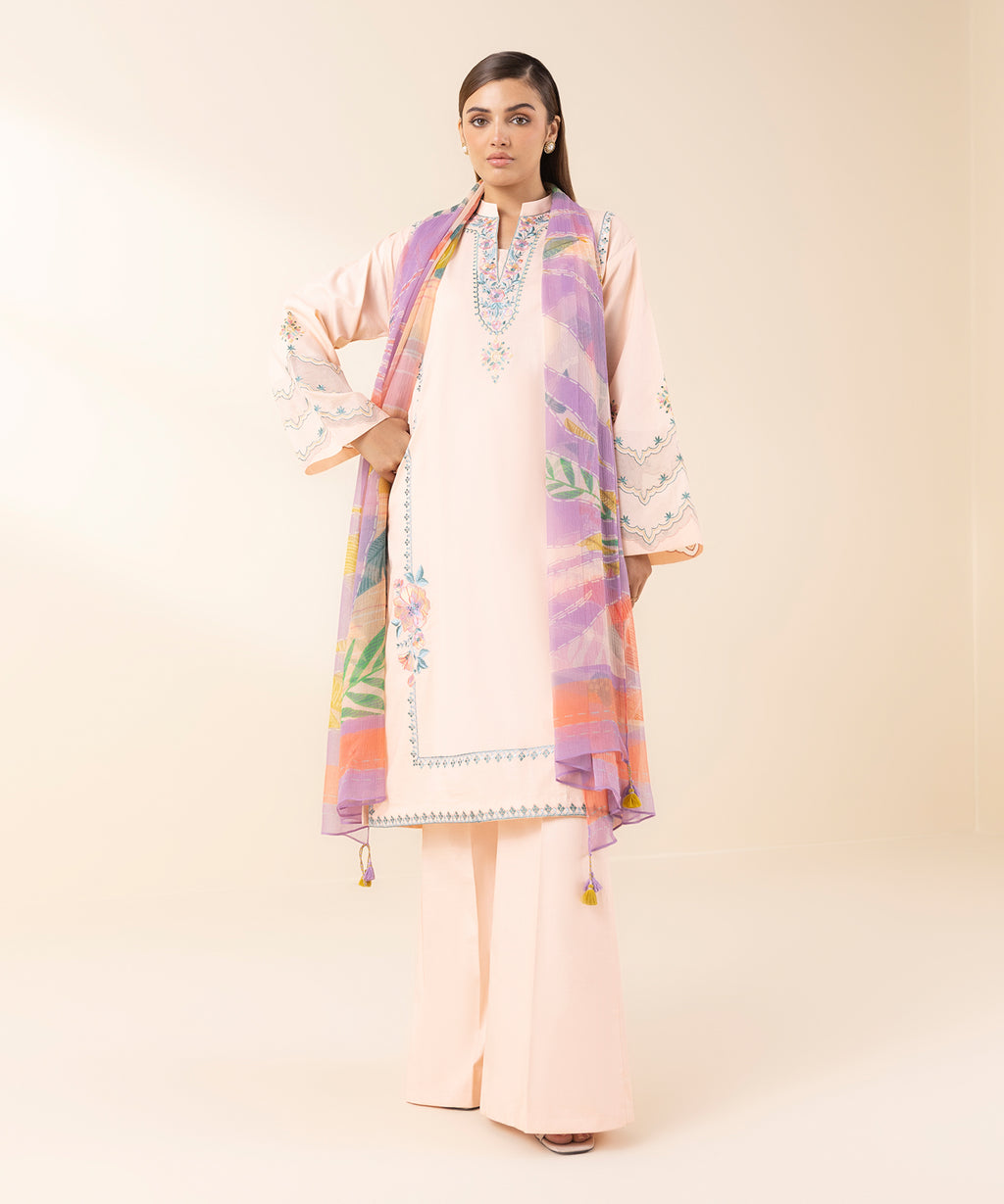 Women's Unstitched Lawn Embroidered Pink 3 Piece Suit